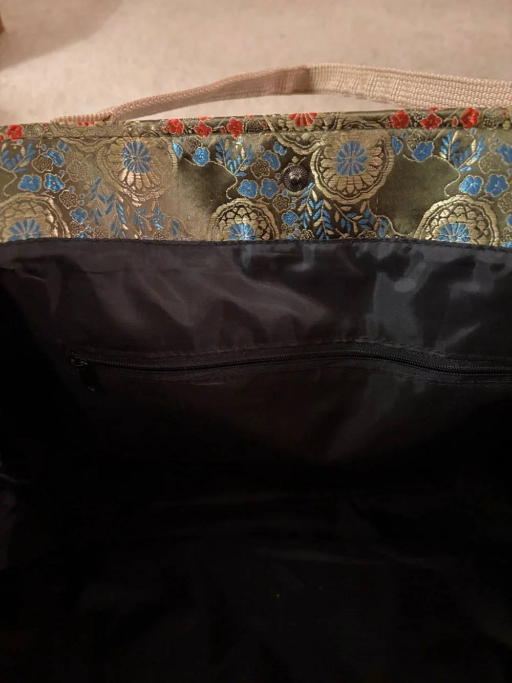 Oriental Olive Green Vibrant Floral Jacquard Satin Tote Bag with Beige Straps - Picture 14 of 16